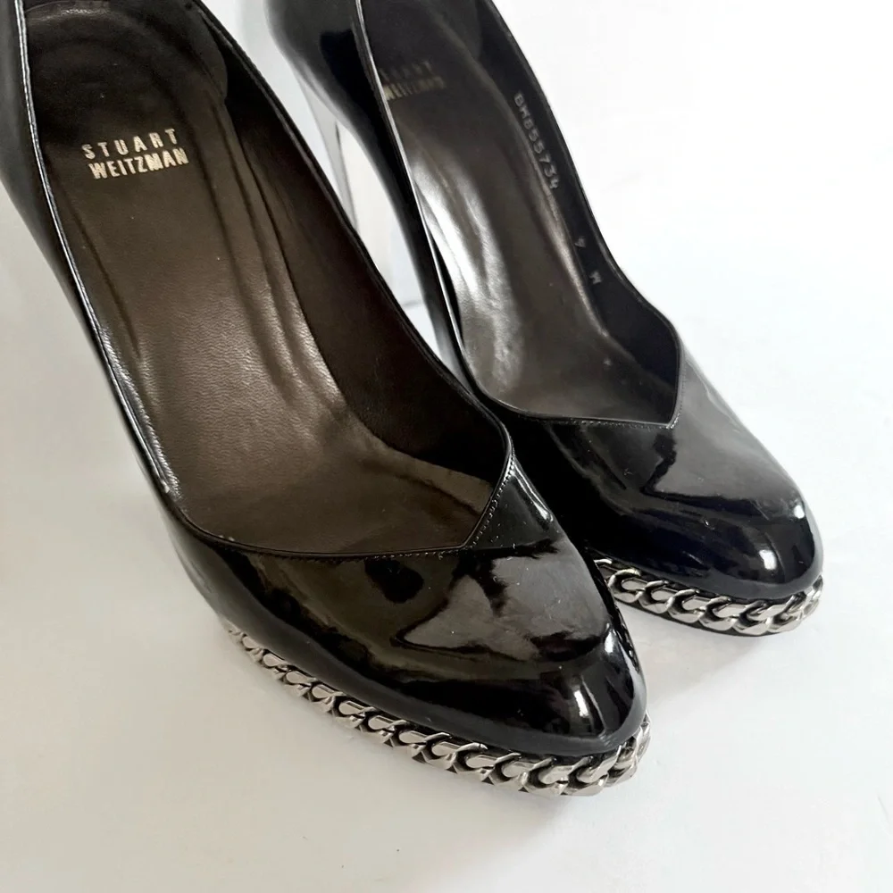Stuart Weitzman Black Patent Leather Pumps Chain Link Platform Stiletto Heels